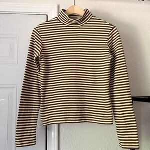 GIMAGUAS cream brown striped mock neck cotton knit long sleeve shirt sweater top